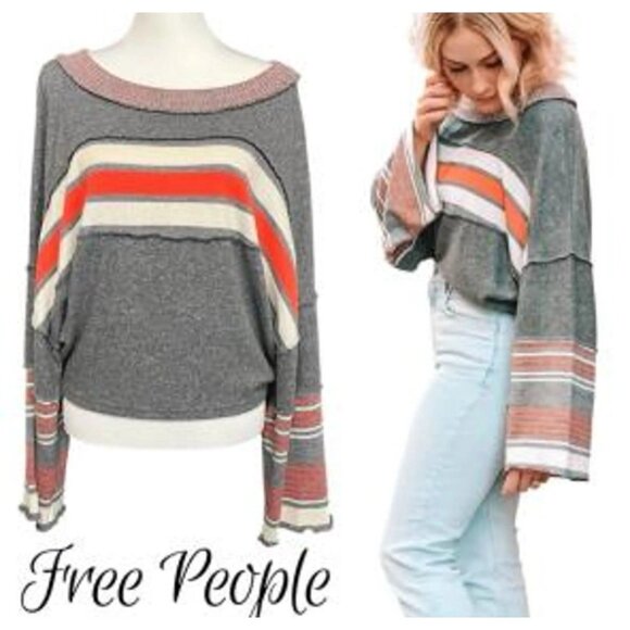Free People Cooper Sweater  Gray Coral Striped Bell Sleeve Oversized Boho Size L - Picture 1 of 12